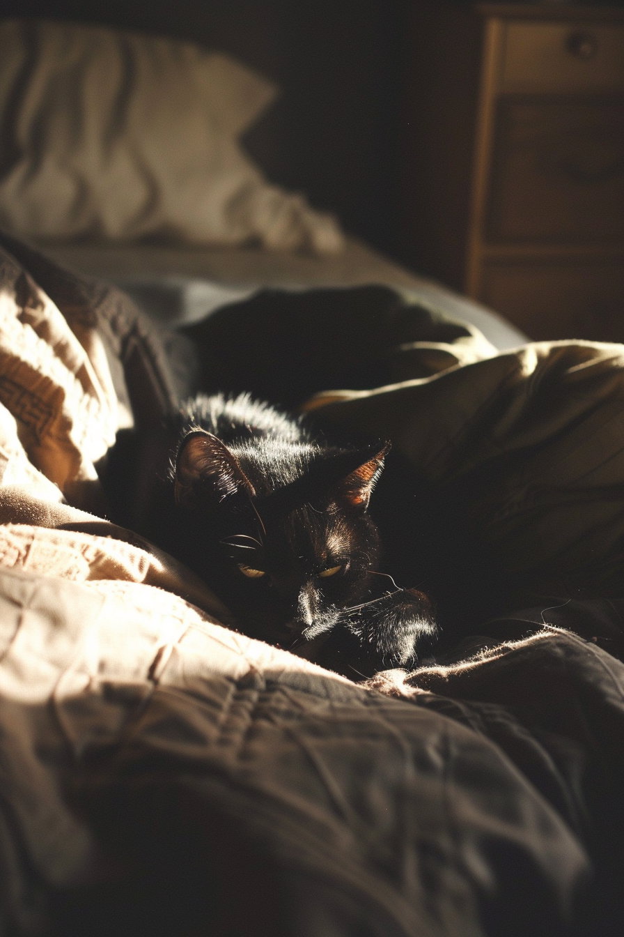 Black cat curled on bed in warm dim light