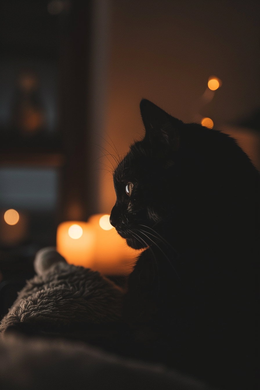 Black cat lounging in dimly lit room with candle glow