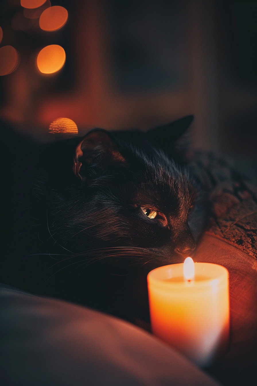 Black cat lounging in dark room with soft candlelight glow
