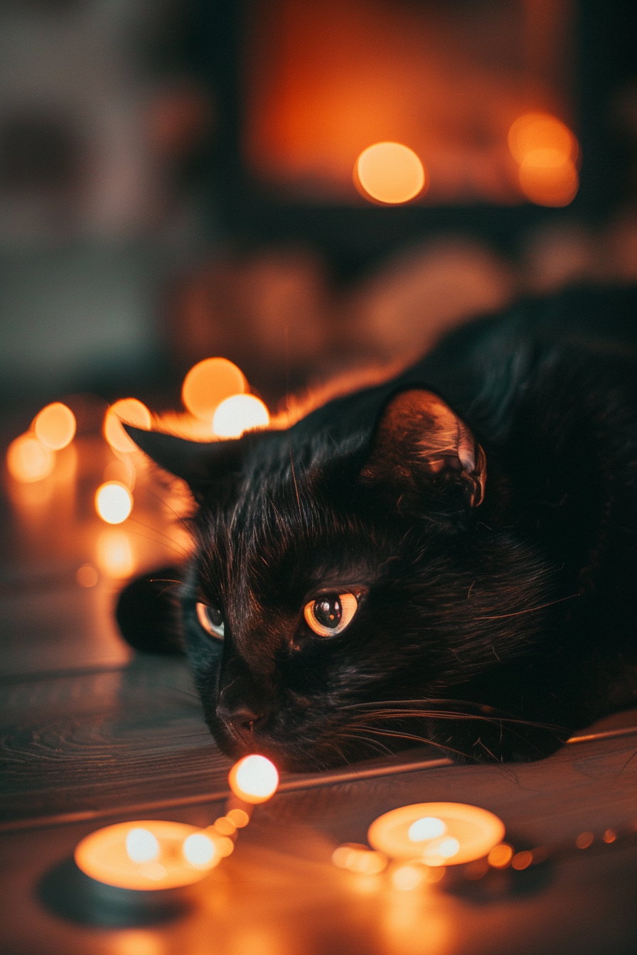 Black cat lounging in dimly lit room with candle glow