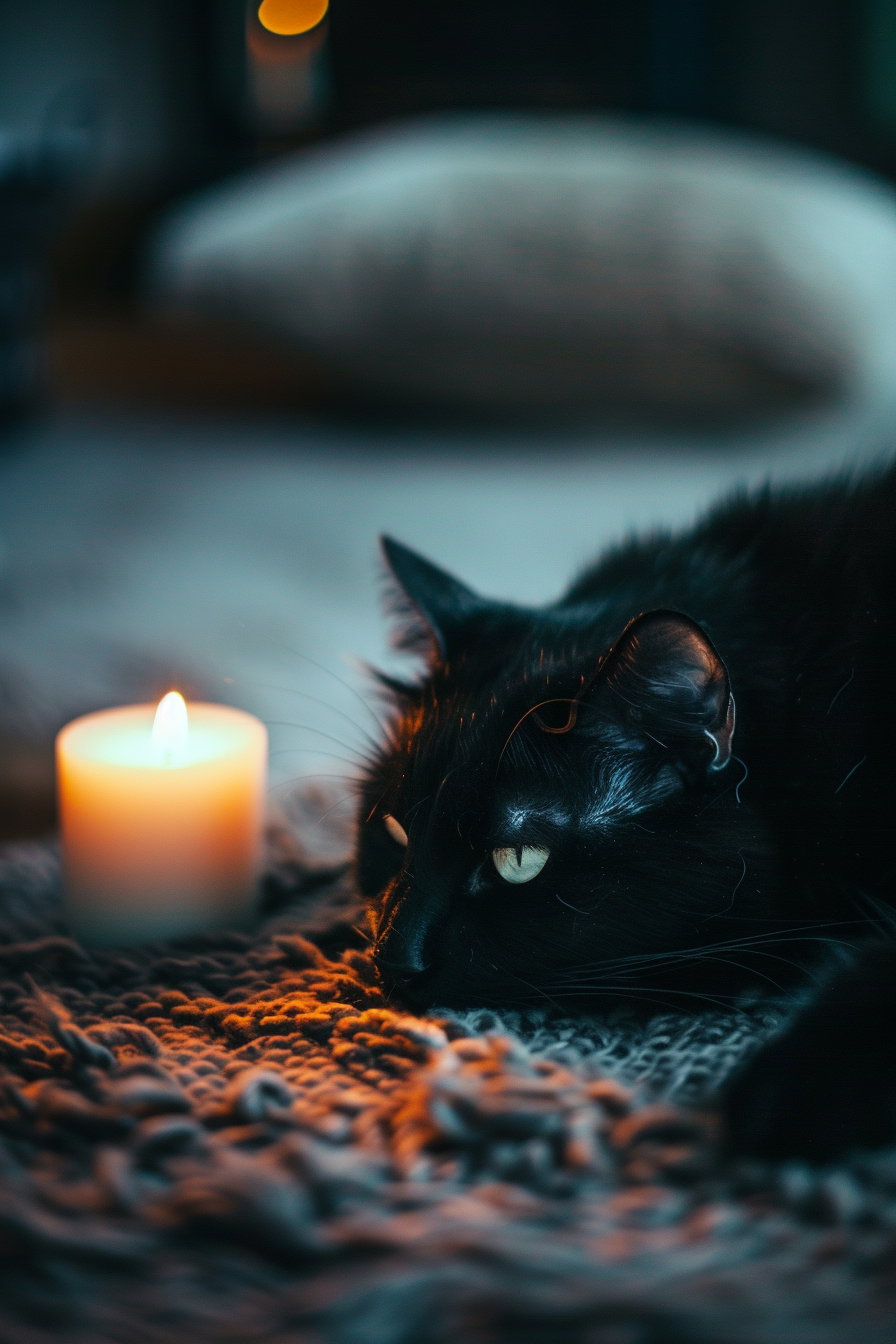 Black cat resting in dark room with candlelight glow