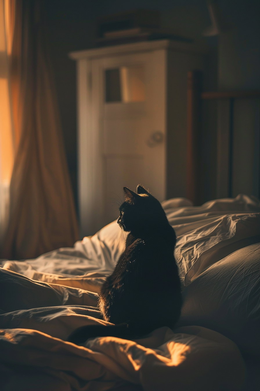 Minimalist black cat lounging in warm, cozy bedroom ambiance