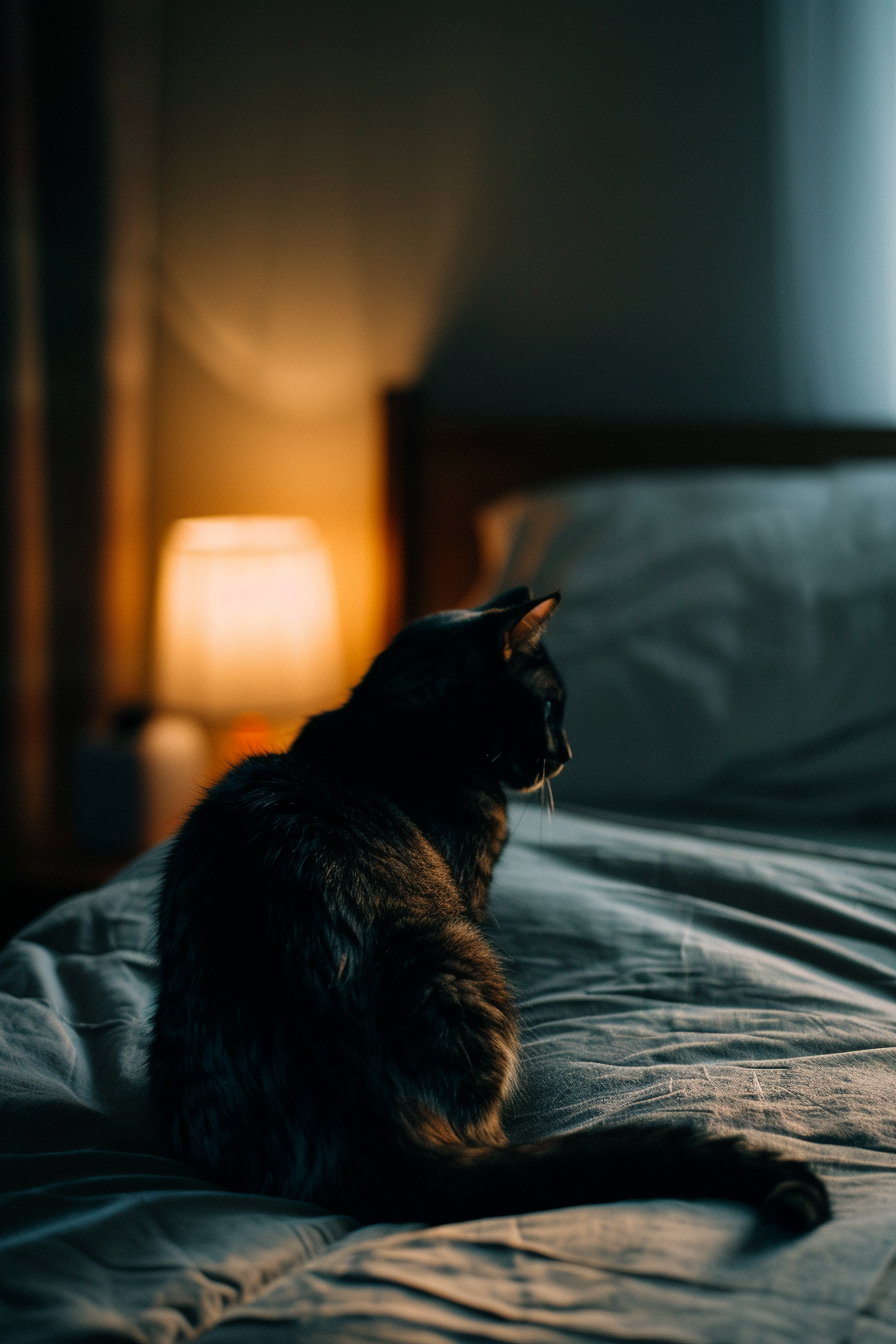 Minimalist black cat lounging in warm, cozy bedroom ambiance
