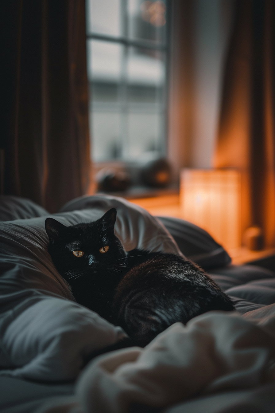 Minimalist black cat lounging in warm, cozy bedroom light