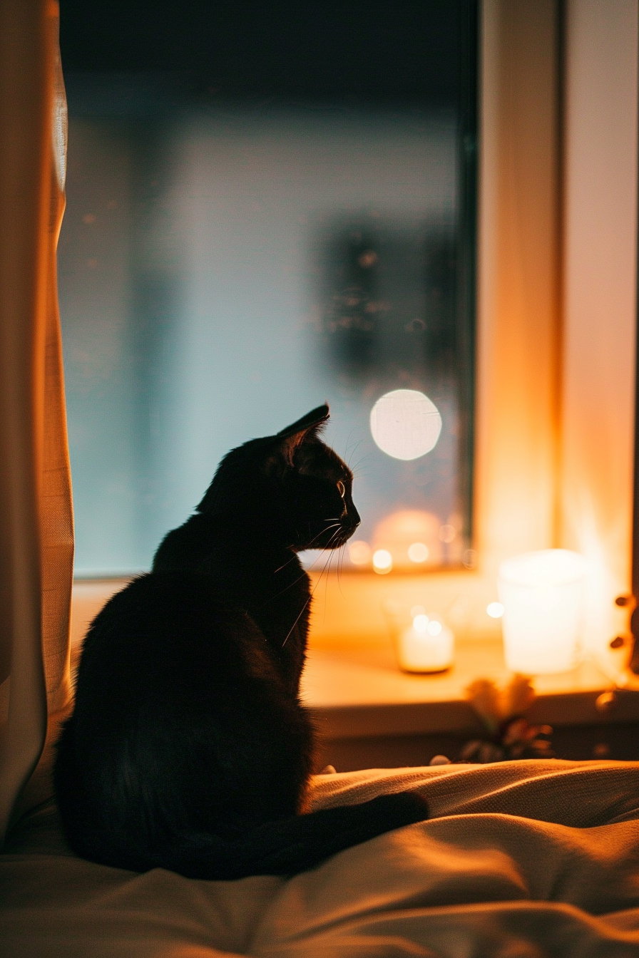 Minimalist black cat resting in warm, cozy bedroom light