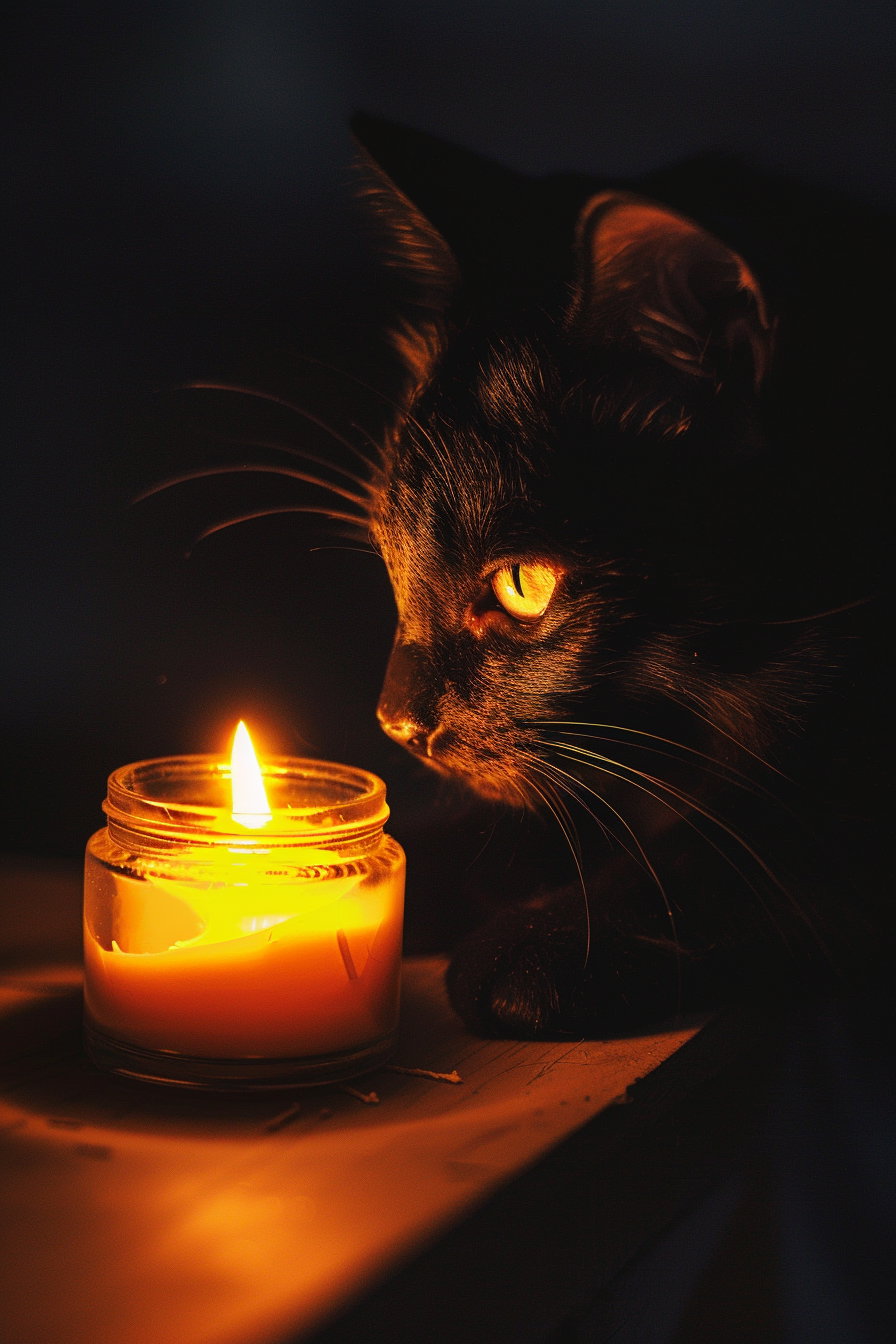 Minimalist black cat beside candle in warm glow