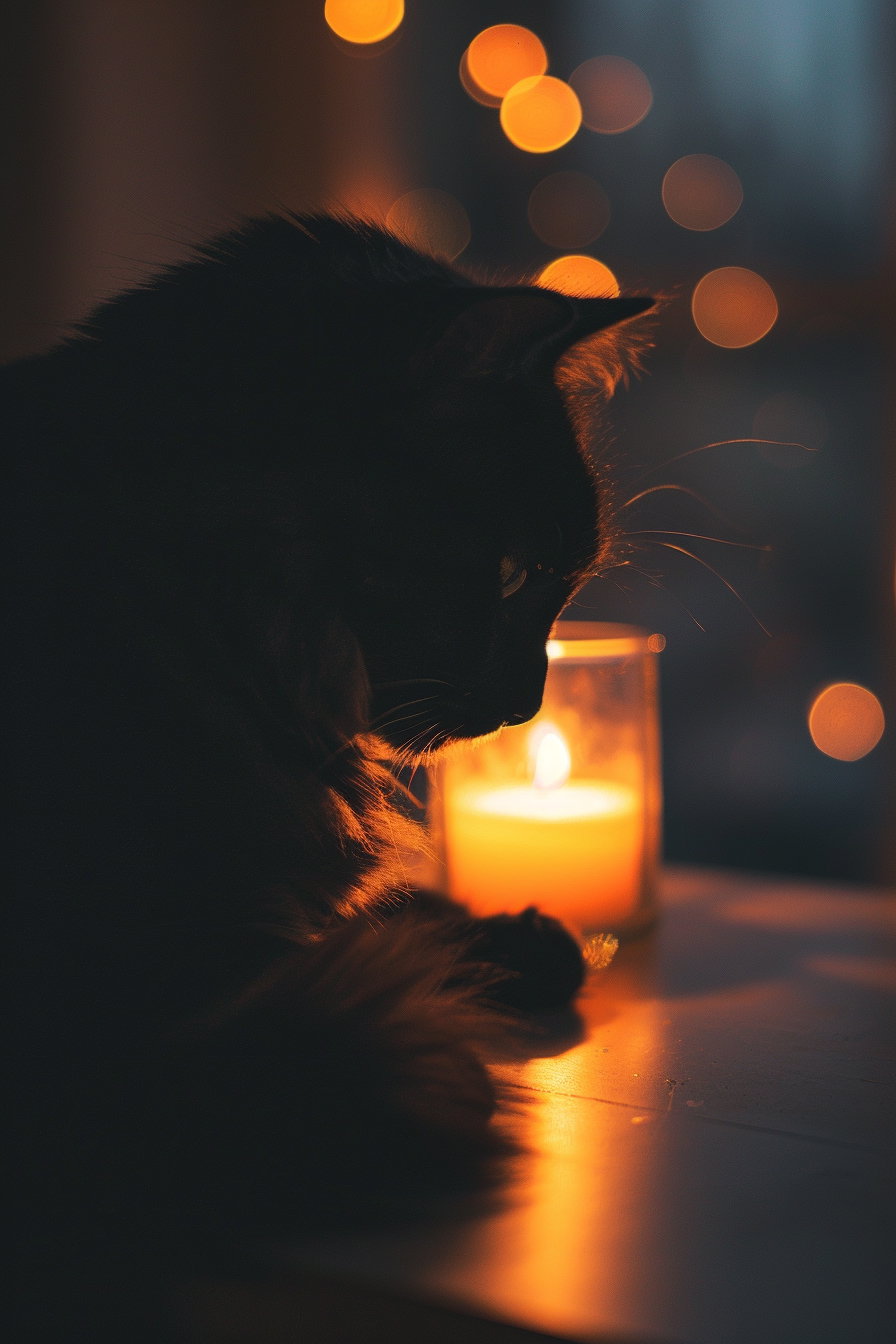 Minimalist black cat beside candle with warm glow