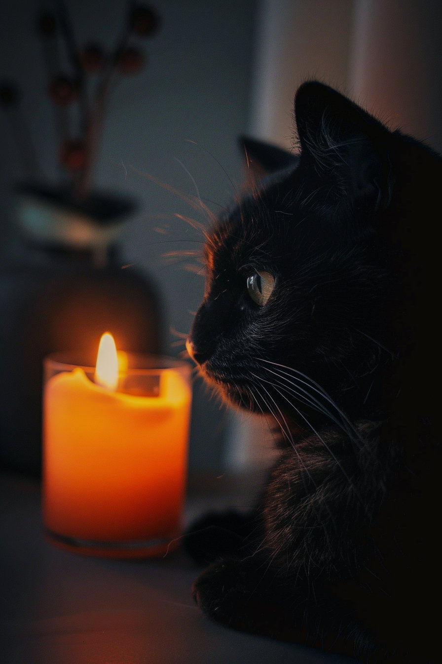 minimalist black cat beside candle warm glow dark background