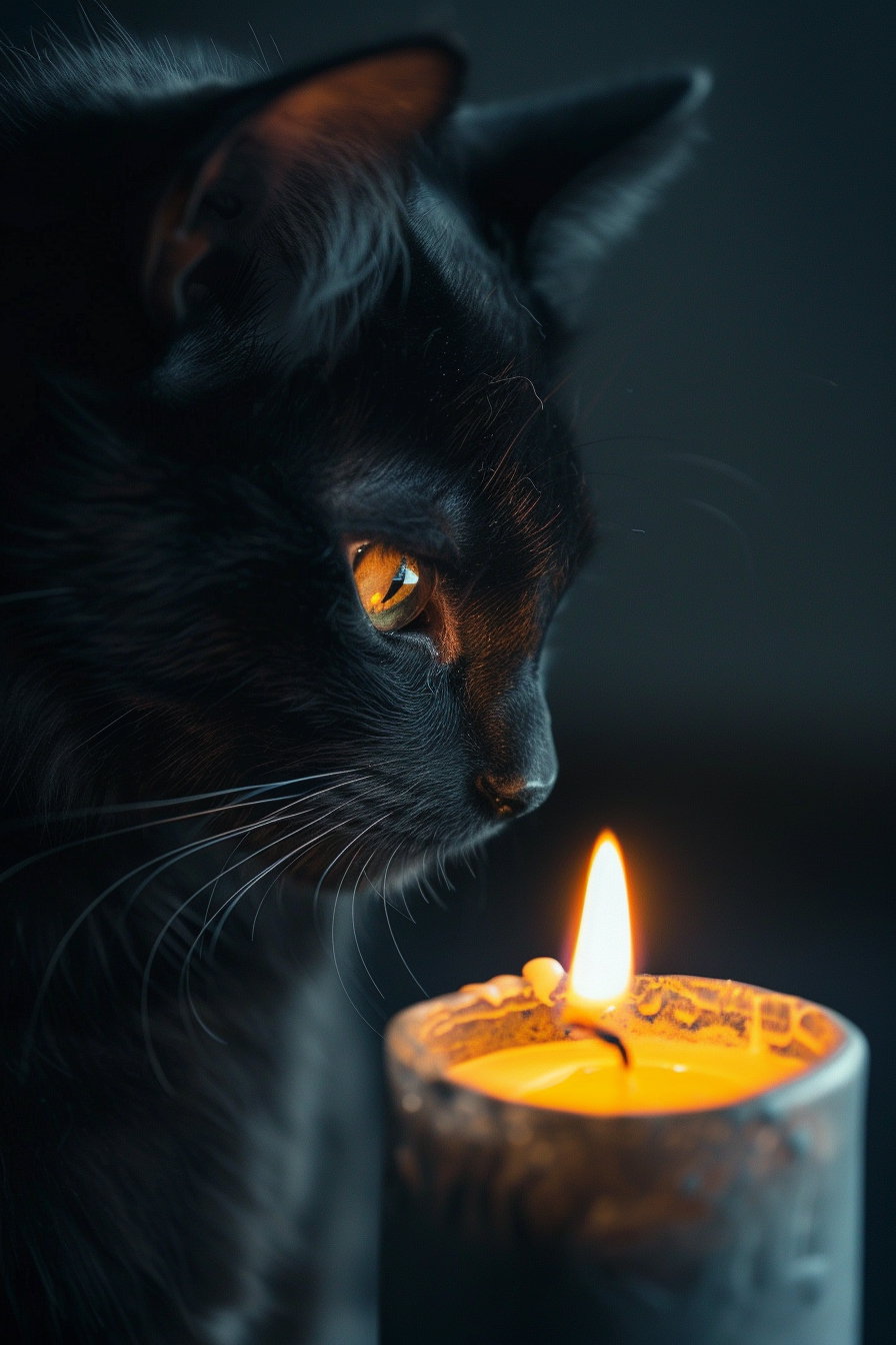 Minimalist black cat beside candle in warm glow