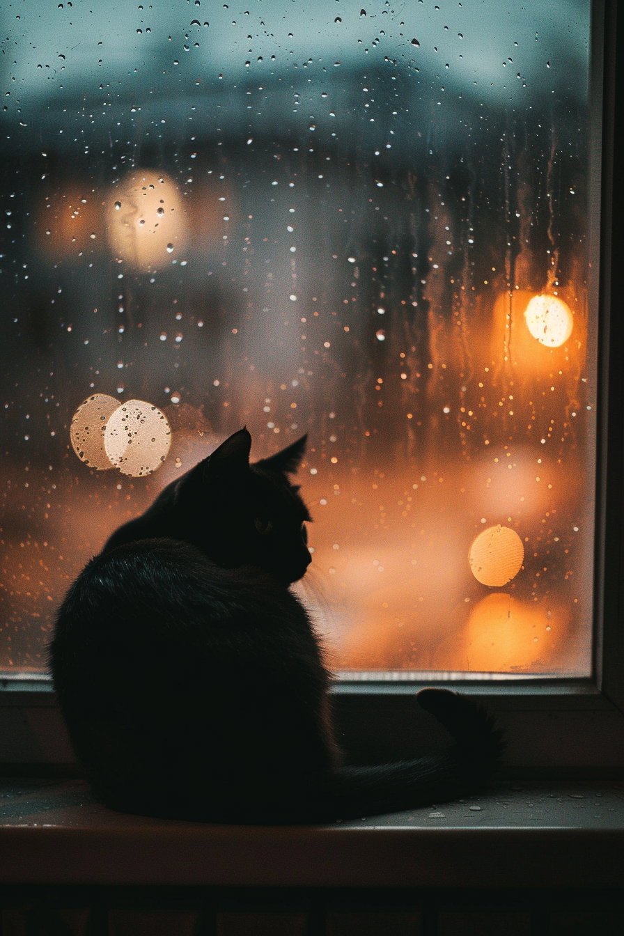 Black cat resting by window in soft moonlight