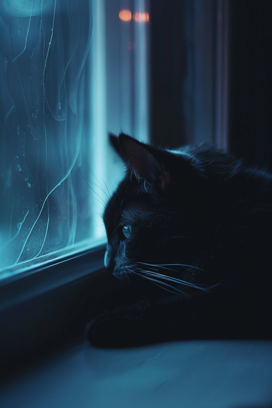 Black cat resting by window bathed in soft moonlight