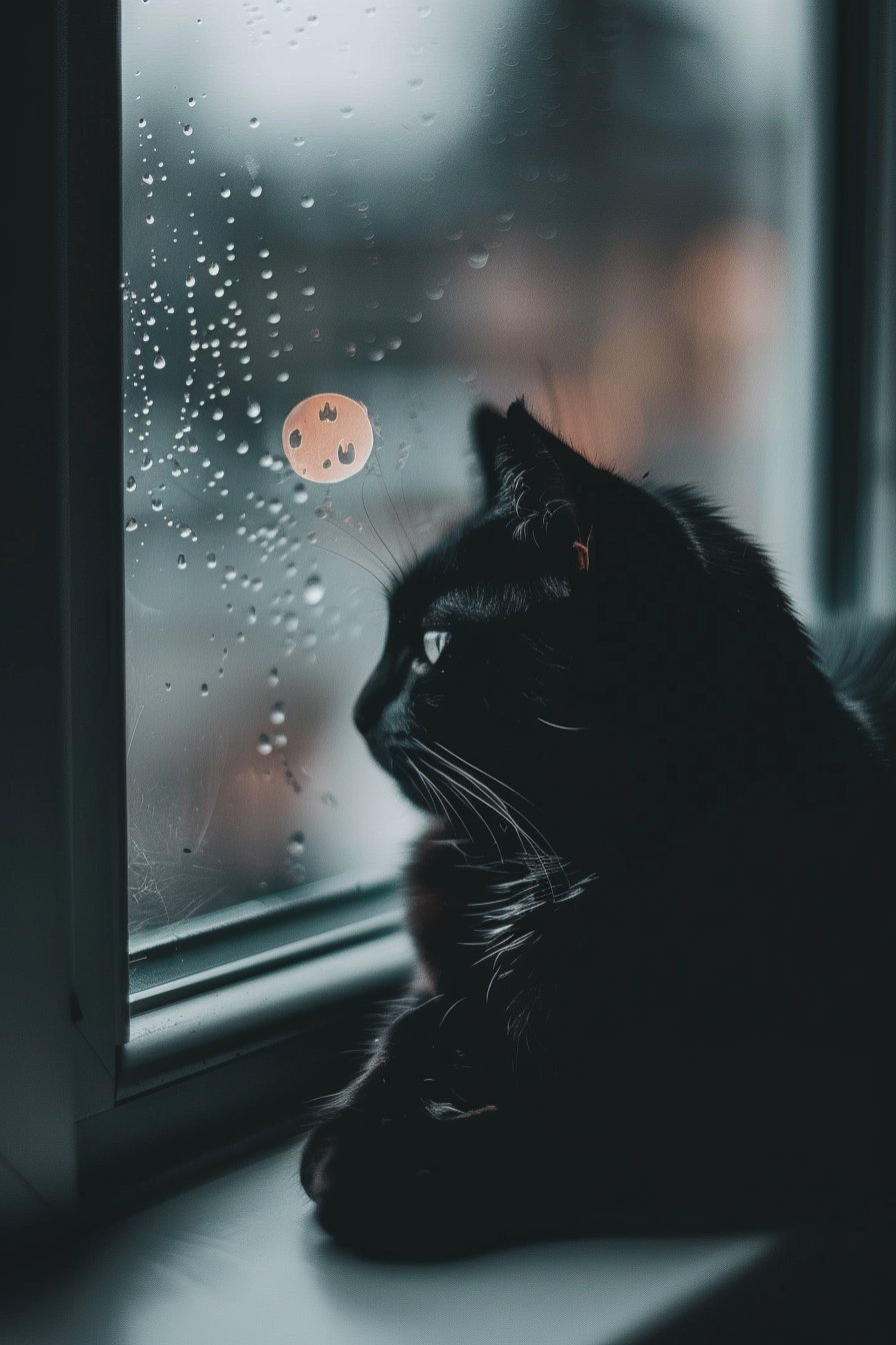 Black cat resting by window in soft moonlight