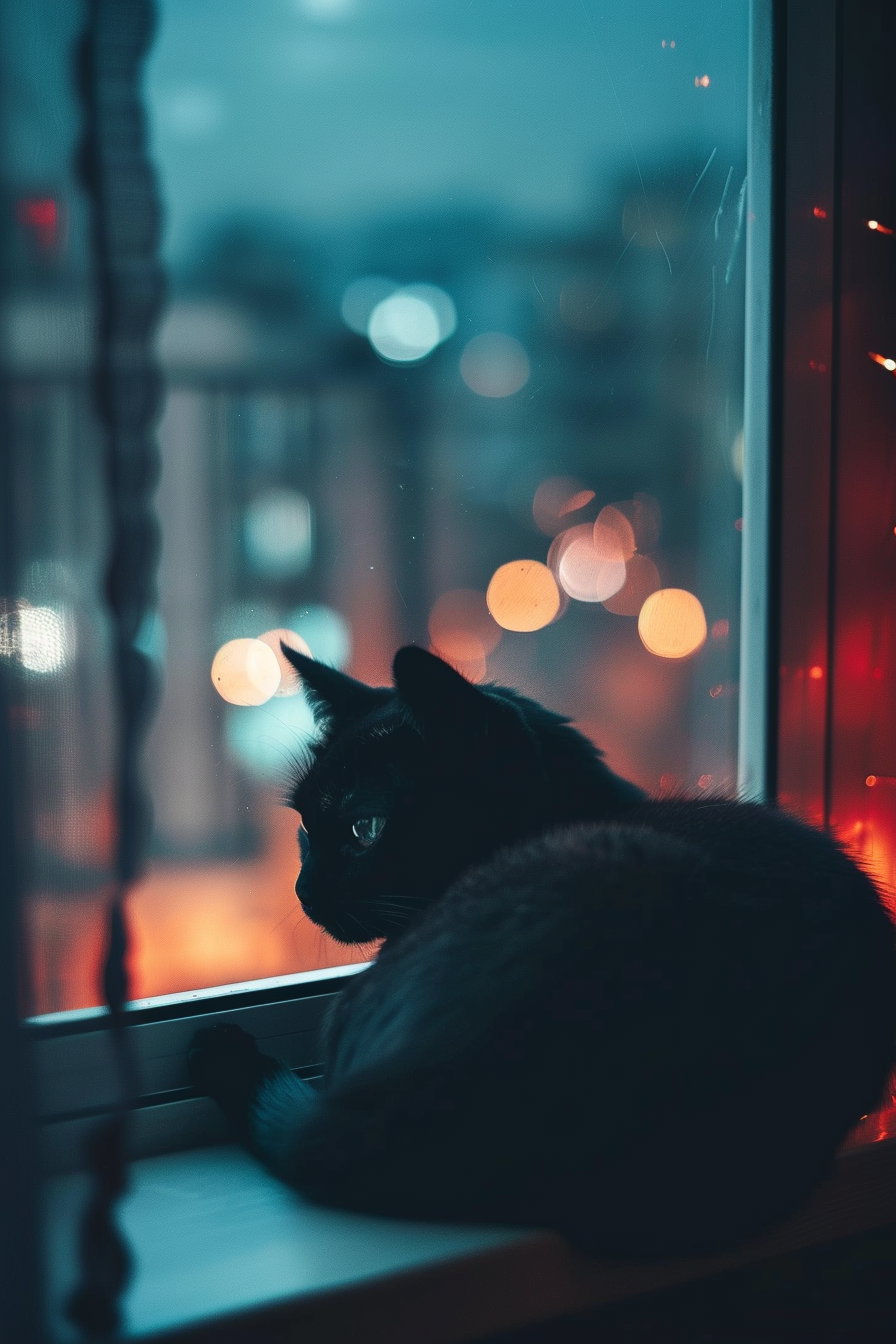 Black cat resting by window in soft moonlight
