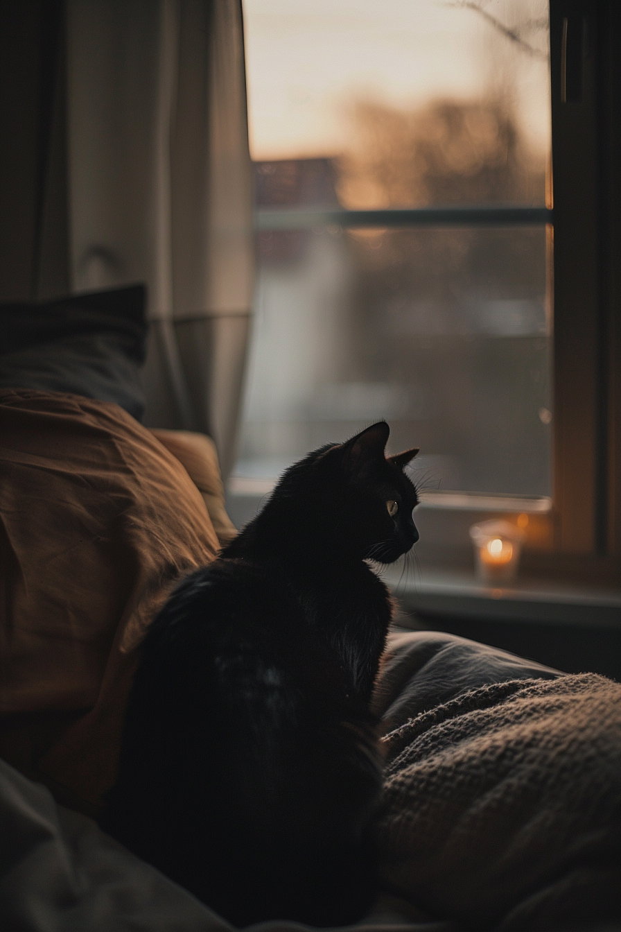 Black cat lounging in softly lit bedroom at night