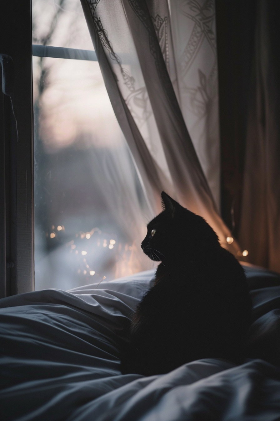 Black cat resting in softly lit bedroom at night
