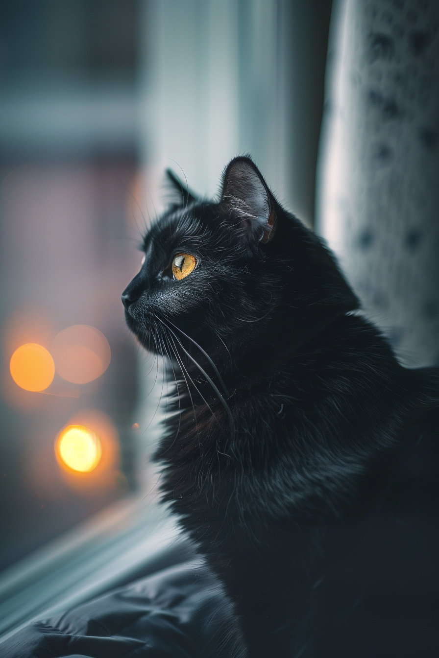 Black cat lounging in softly lit bedroom at night
