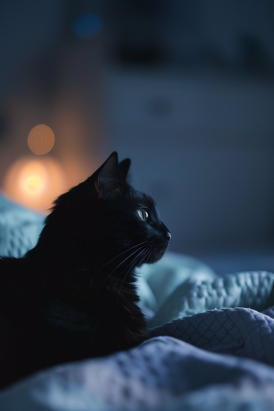 Black cat lounging in dimly lit bedroom with minimal decor