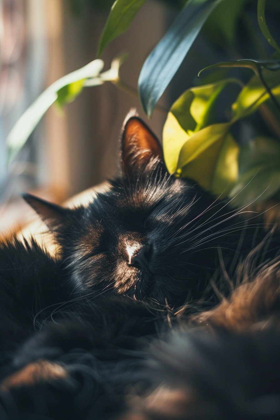 Black cat peacefully sleeping in warm, cozy shadows