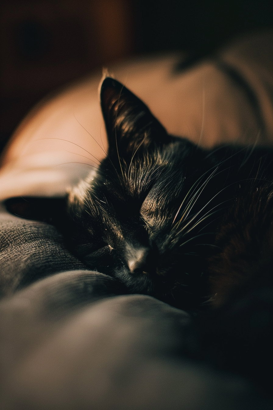 Black cat peacefully sleeping in warm, cozy shadows