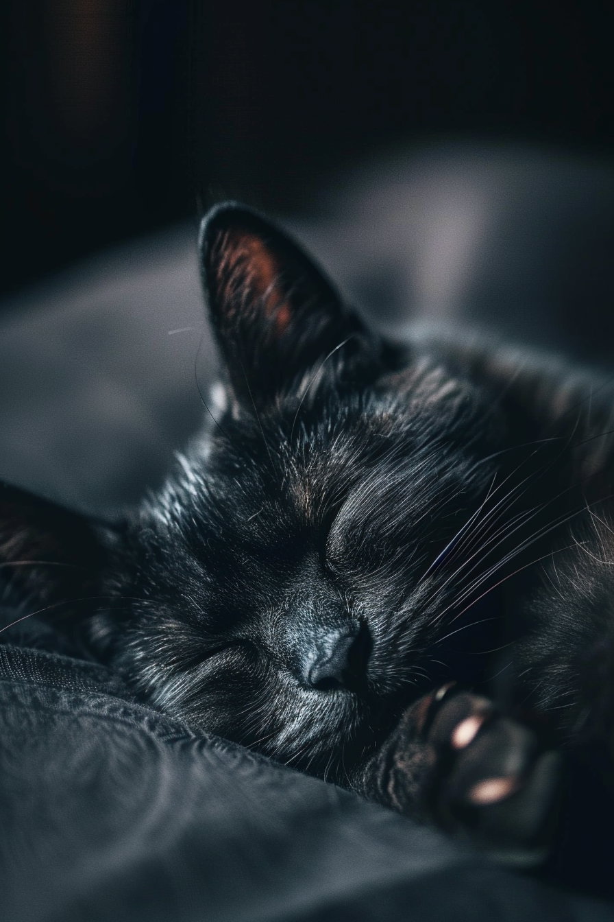 Black cat peacefully sleeping in warm, cozy shadows