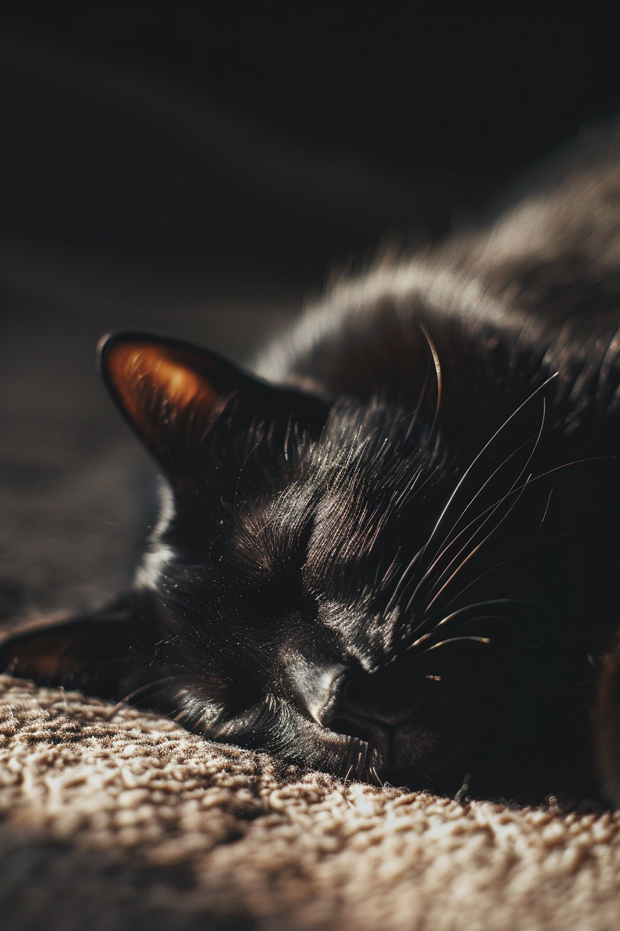 Black cat peacefully sleeping in warm, cozy shadows