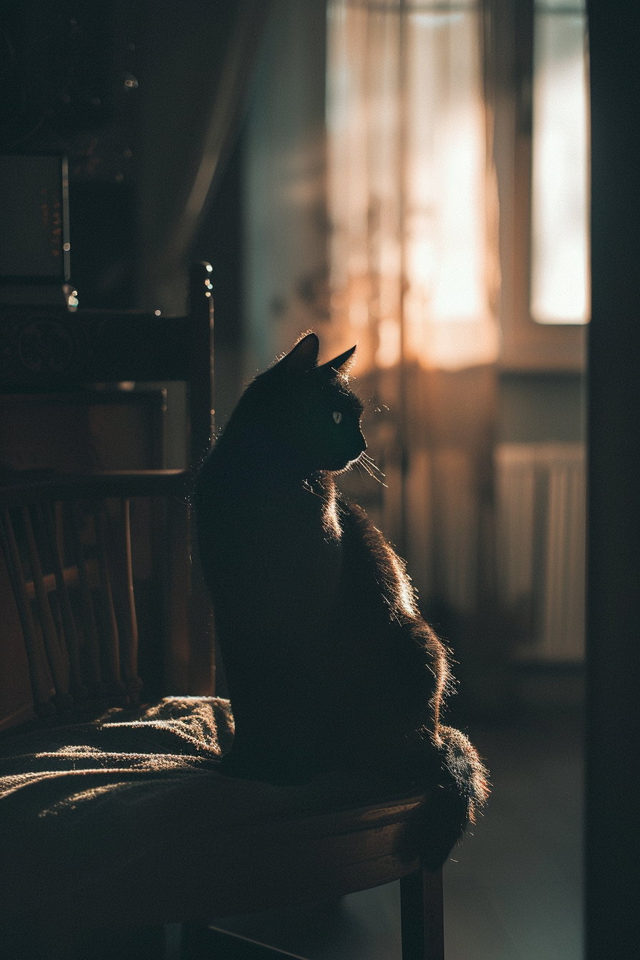 Black cat relaxing on chair in cozy dim room