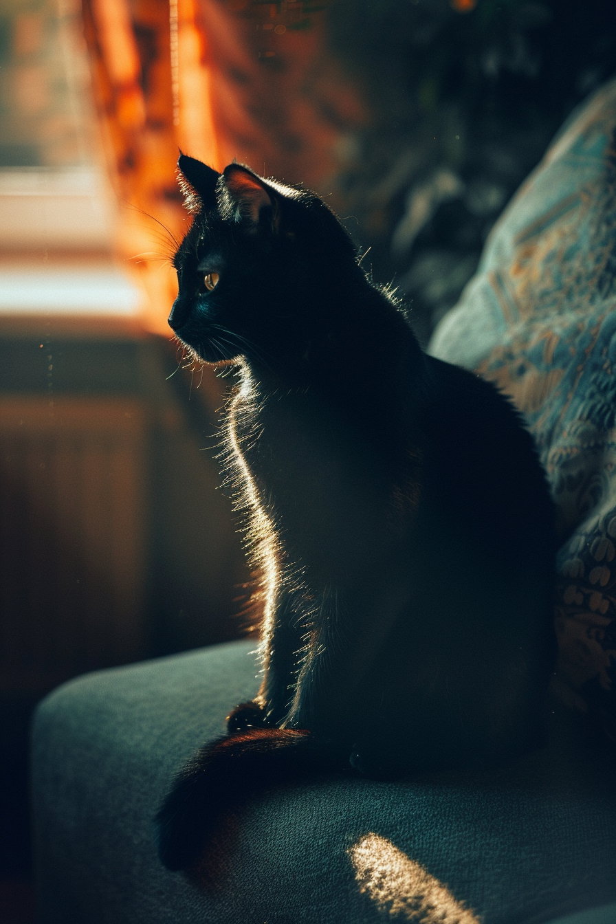 Black cat on chair in cozy dimly lit room