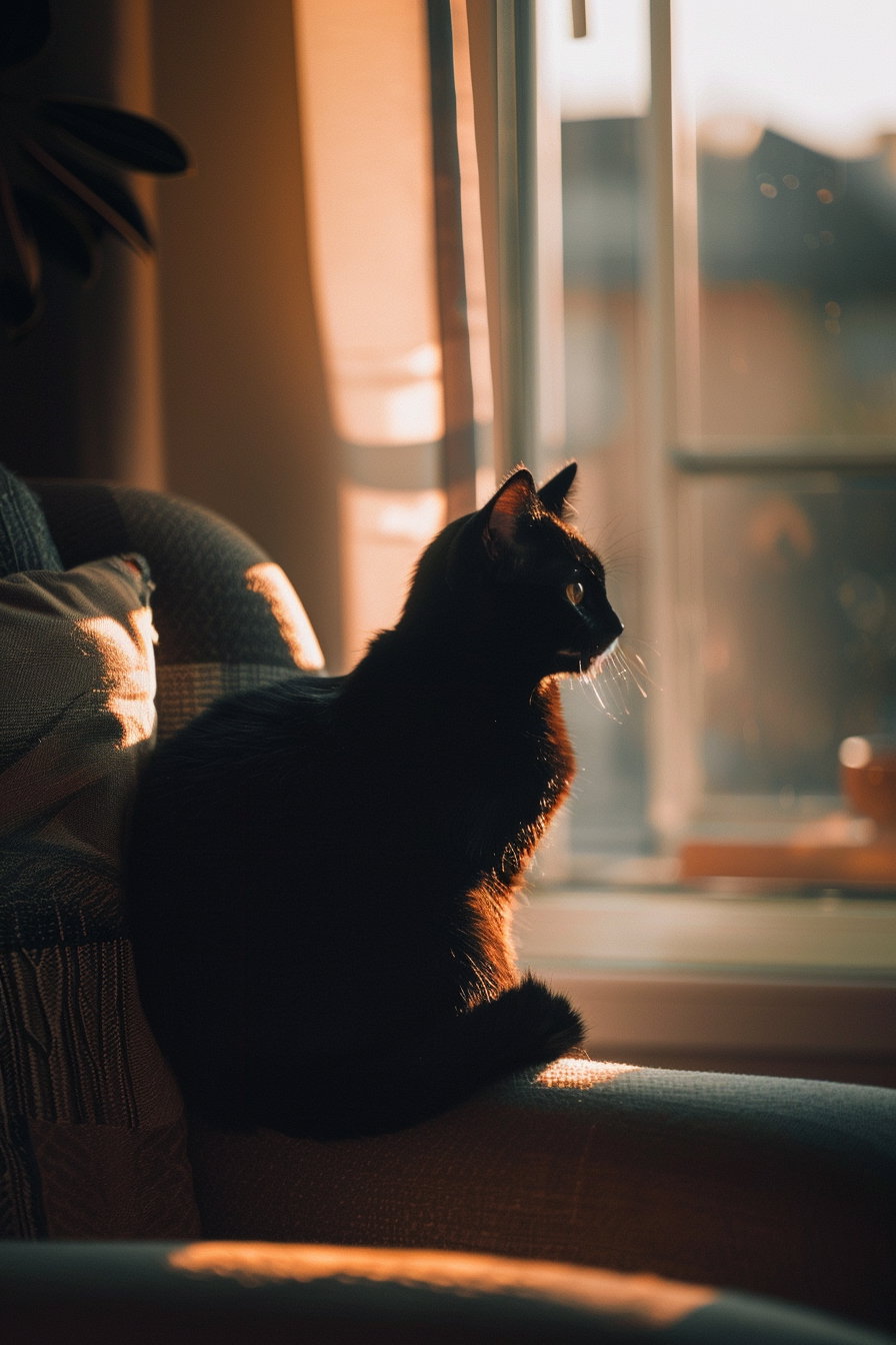 Black cat lounging on chair in warm, dimly lit room