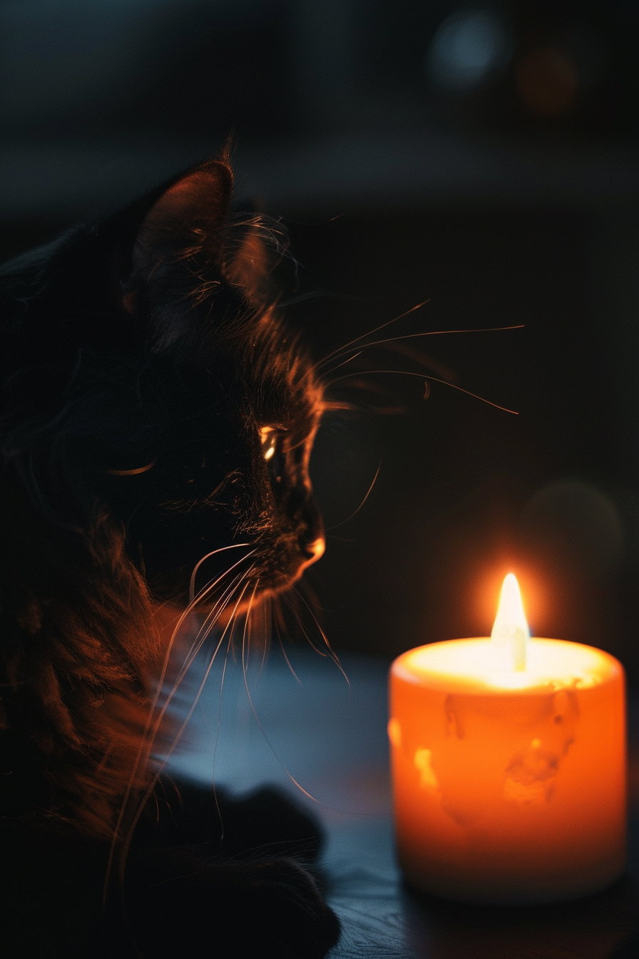 Minimalist black cat beside candle with warm glow