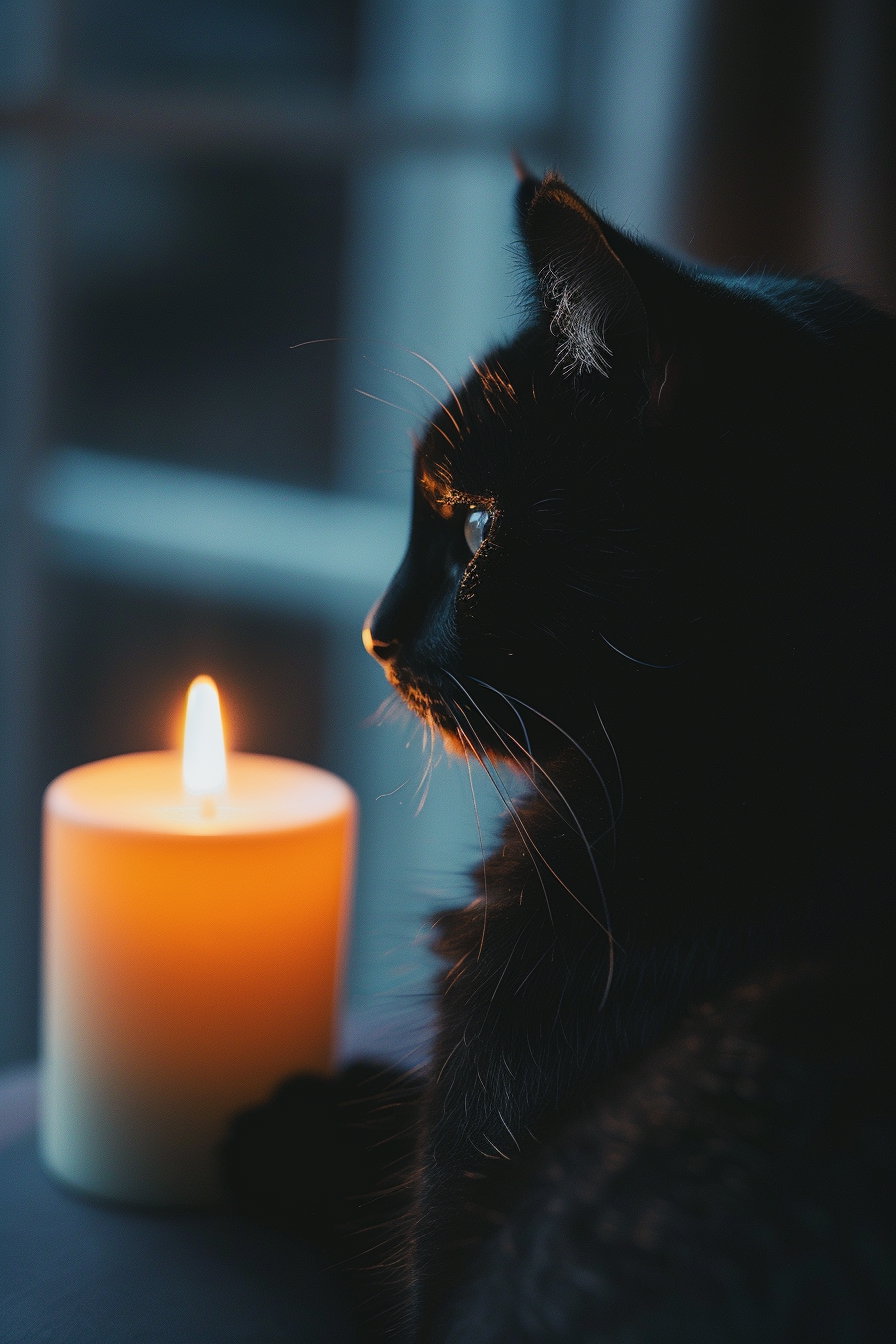 Minimalist black cat beside candle in warm glow