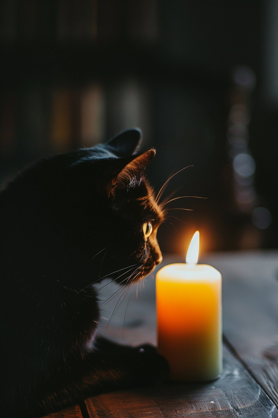 Minimalist black cat beside candle with warm glow