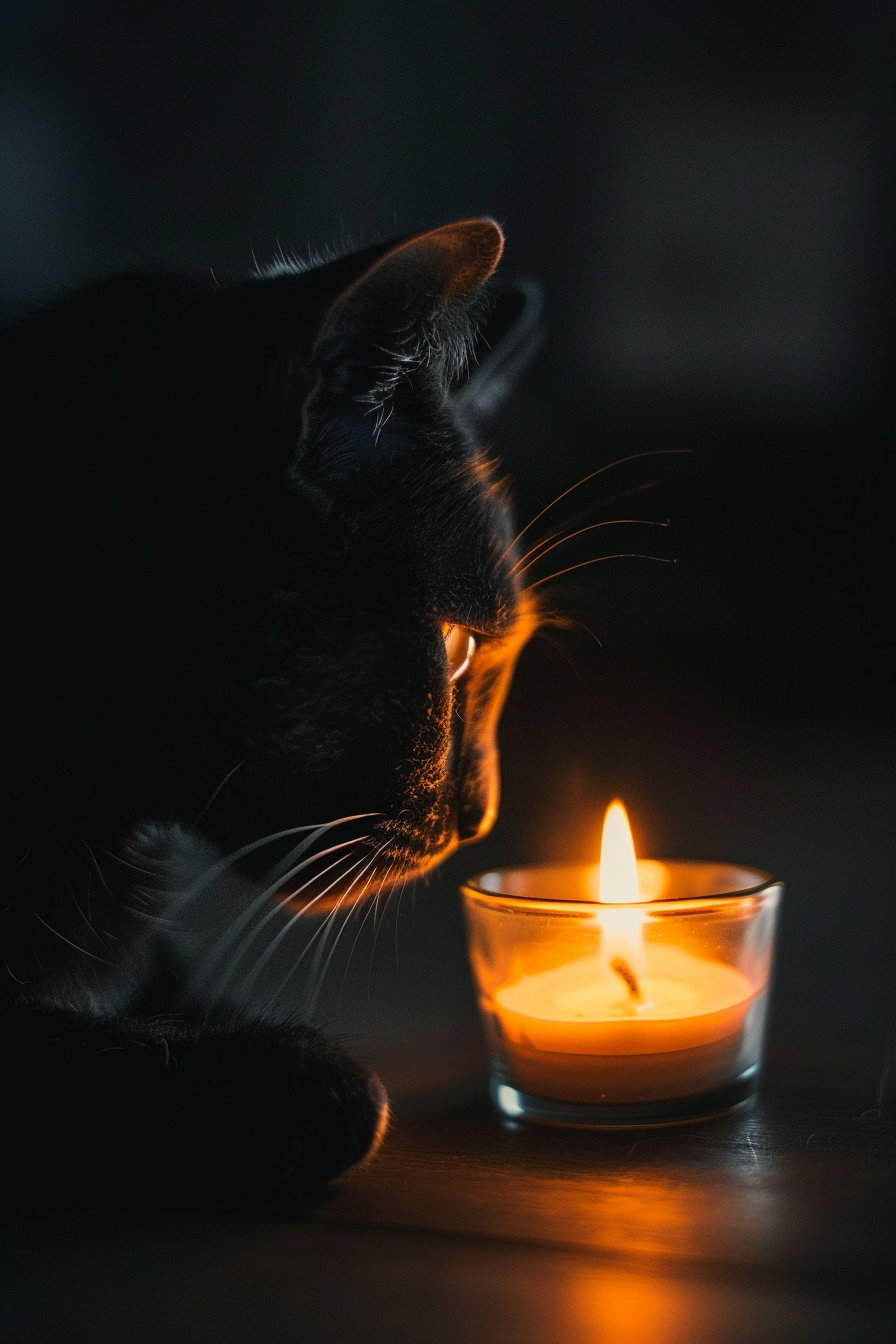 Minimalist black cat beside candle with warm glow