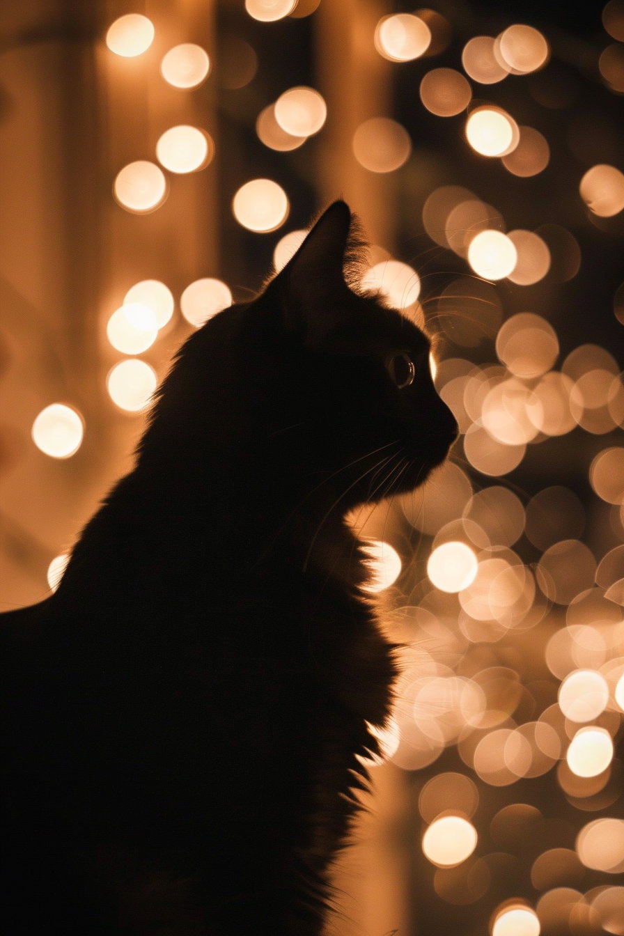 Black cat silhouette surrounded by soft glowing fairy lights