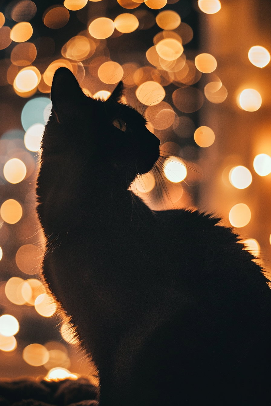 Black cat silhouette surrounded by glowing fairy lights