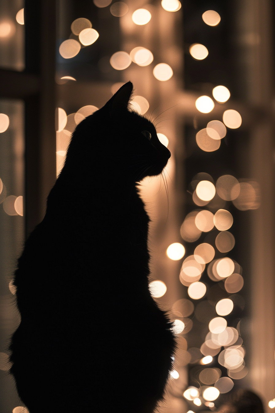 Black cat silhouette with fairy lights glowing softly