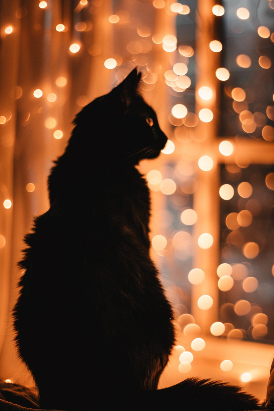 Black cat silhouette surrounded by glowing fairy lights