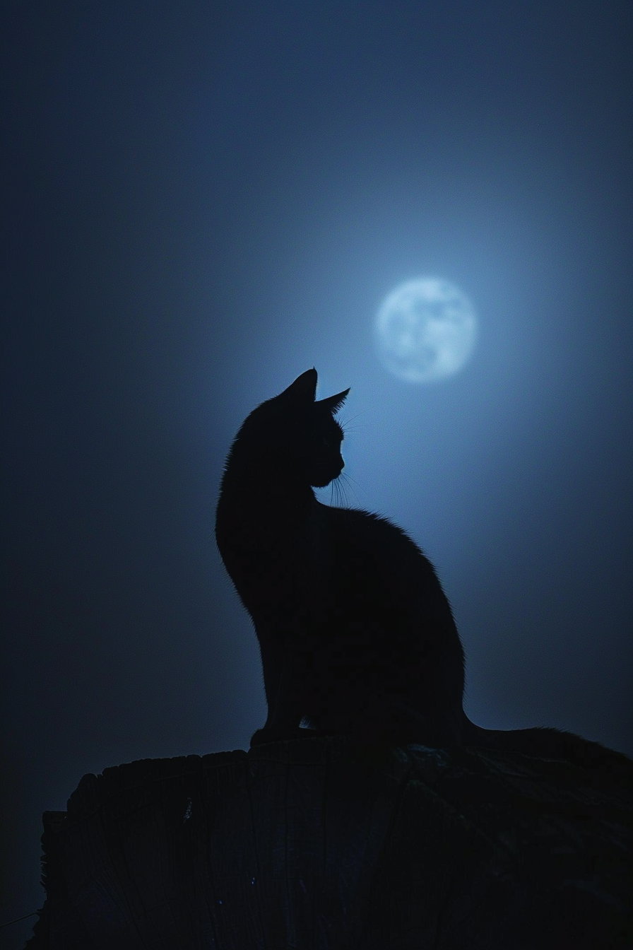 Black cat sitting under moonlight in dark sky