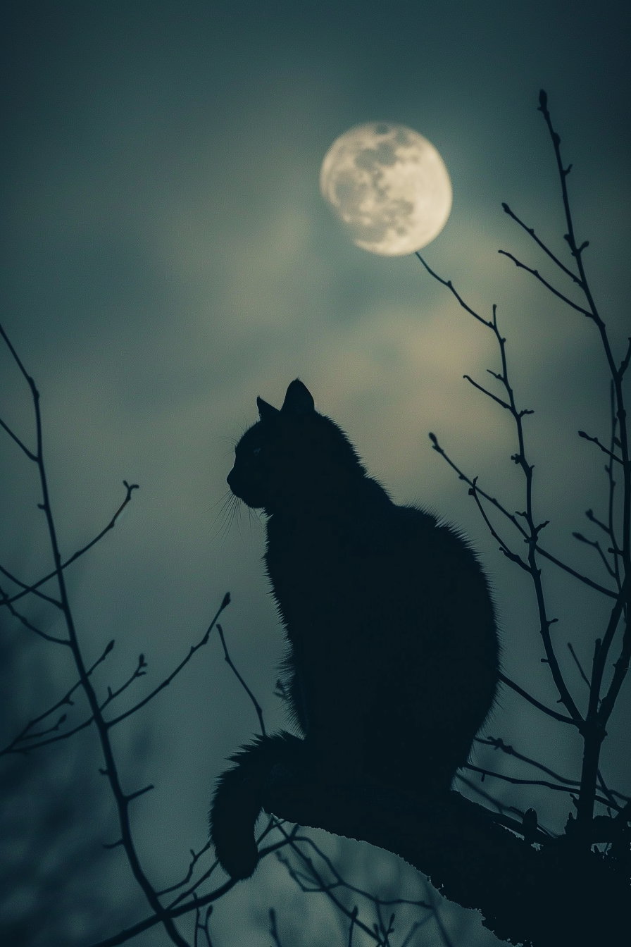 Black cat under moonlight in dark sky with mystical vibe