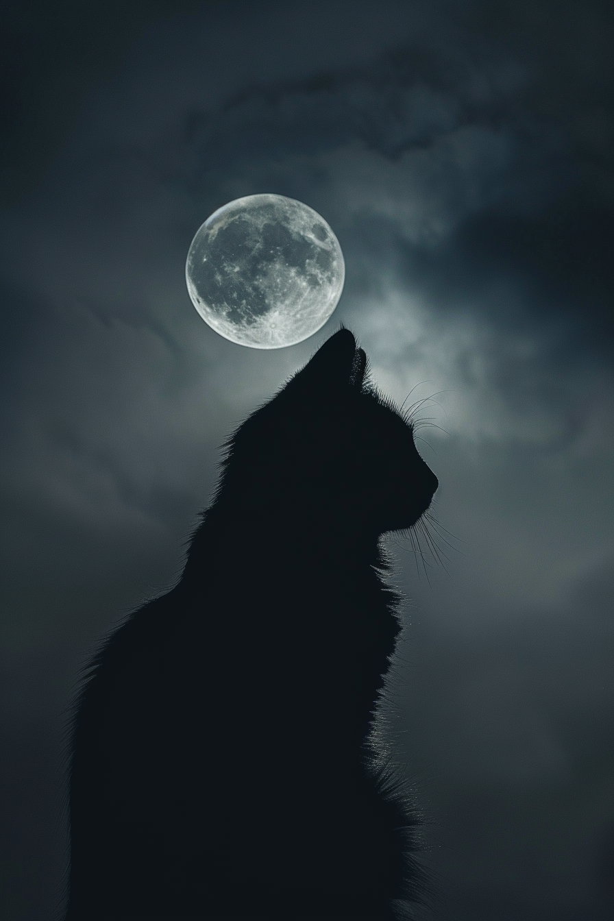 Black cat under moonlight in a dark, mystical sky