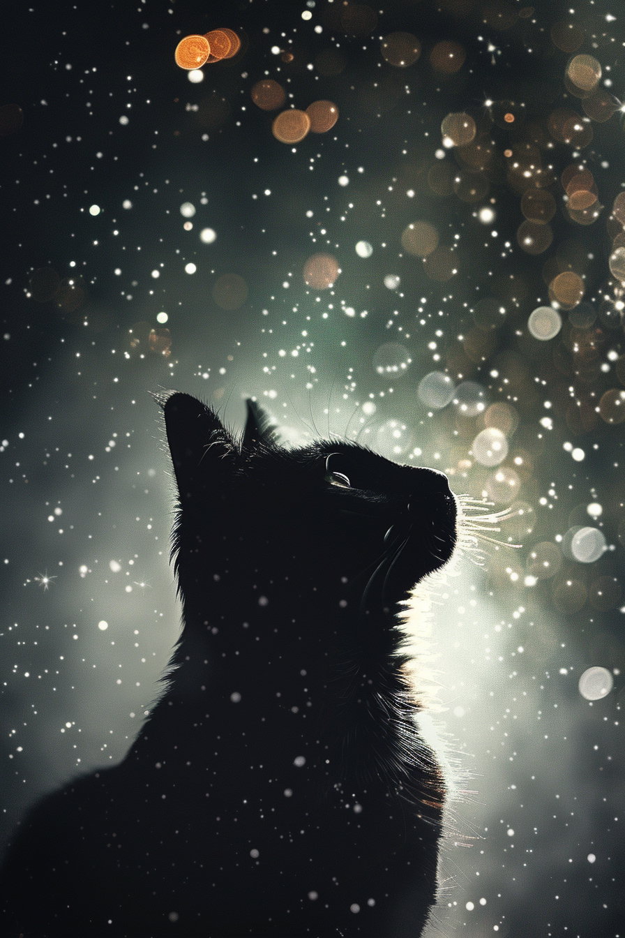 Black cat among stars in a dark magical setting