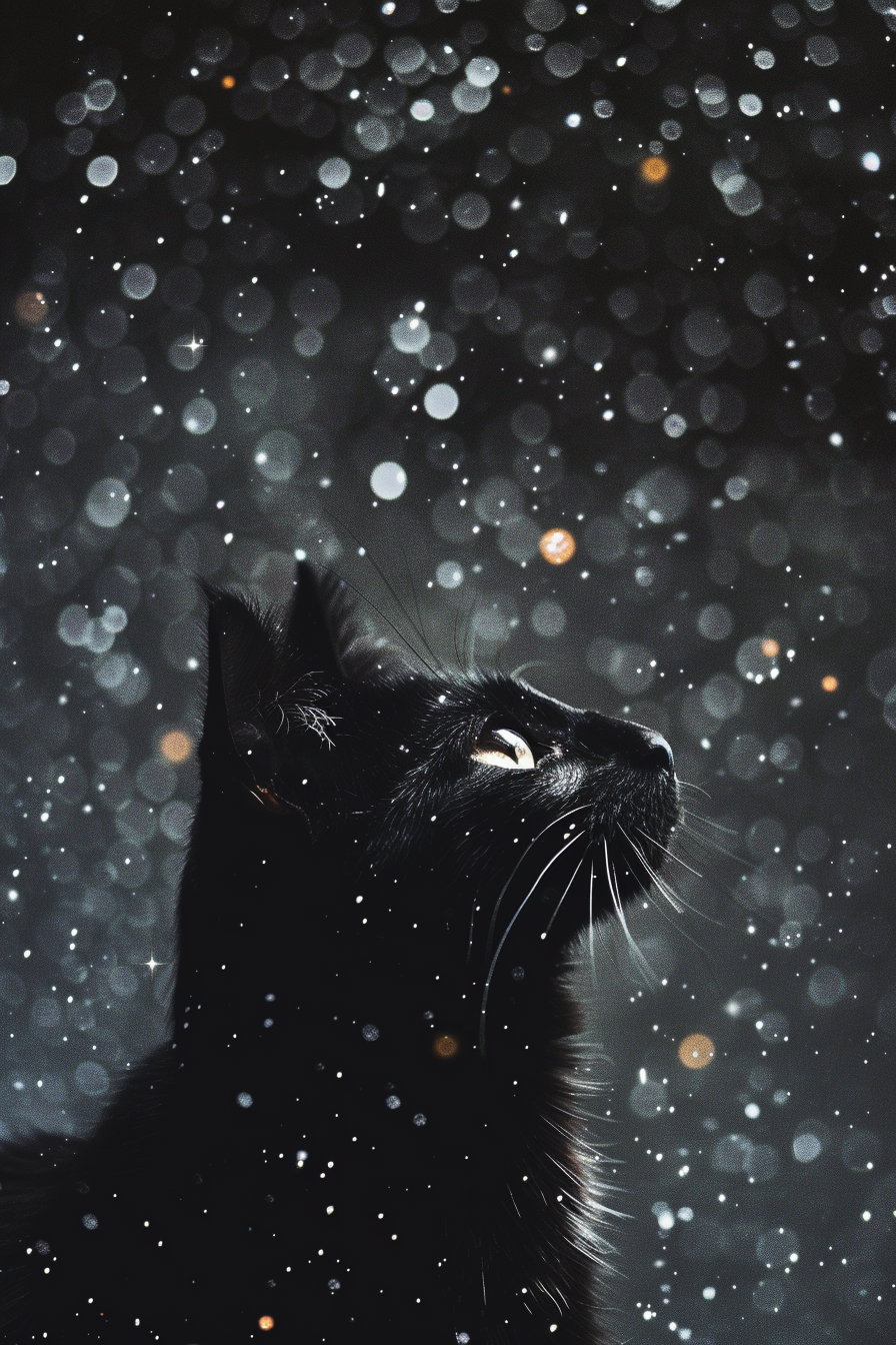 Black cat surrounded by twinkling stars on dark background