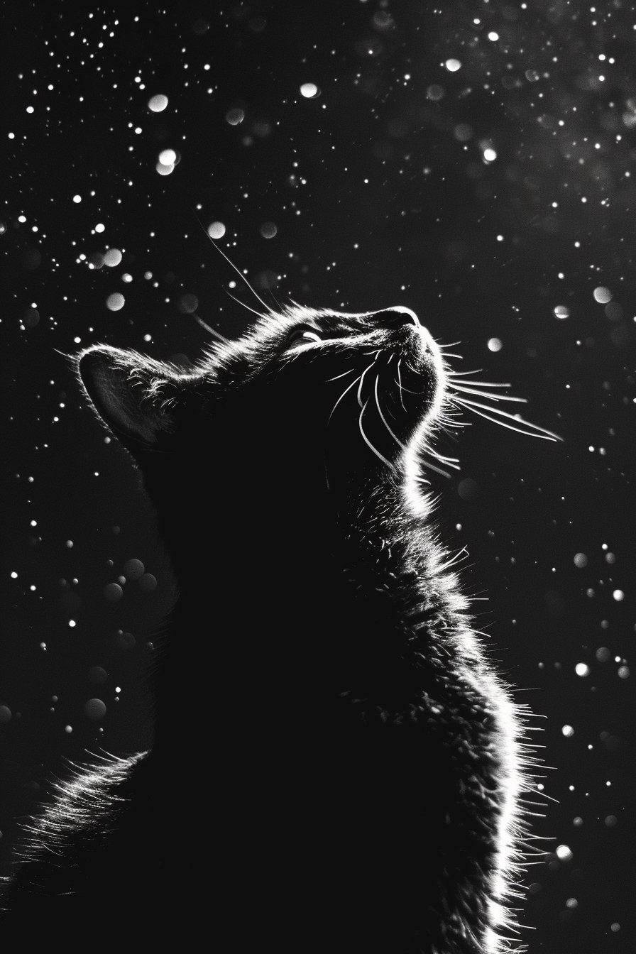 Black cat surrounded by stars in dark magical setting