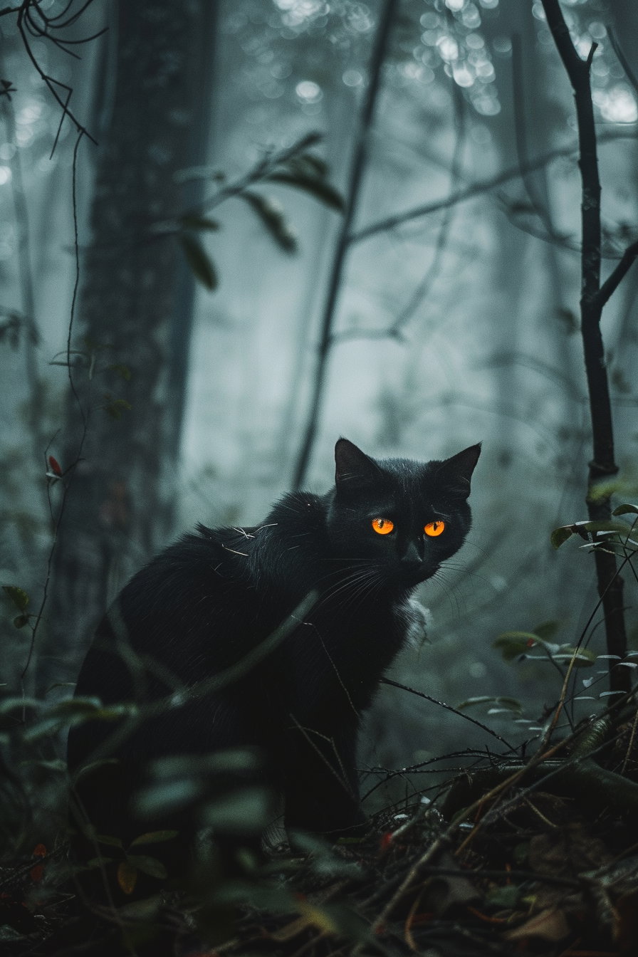 Black cat with glowing eyes in foggy night forest