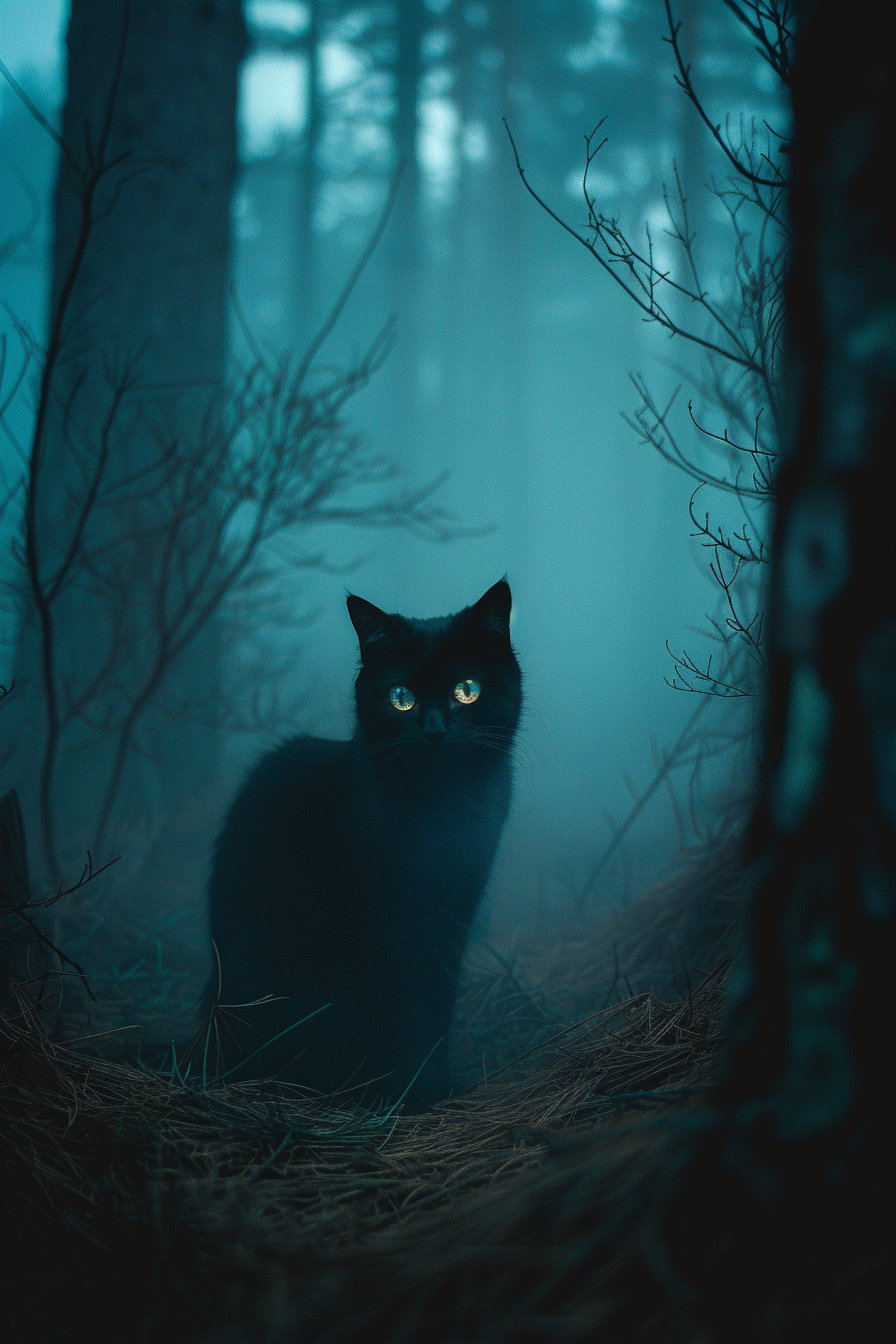 Black cat with glowing eyes in foggy night forest