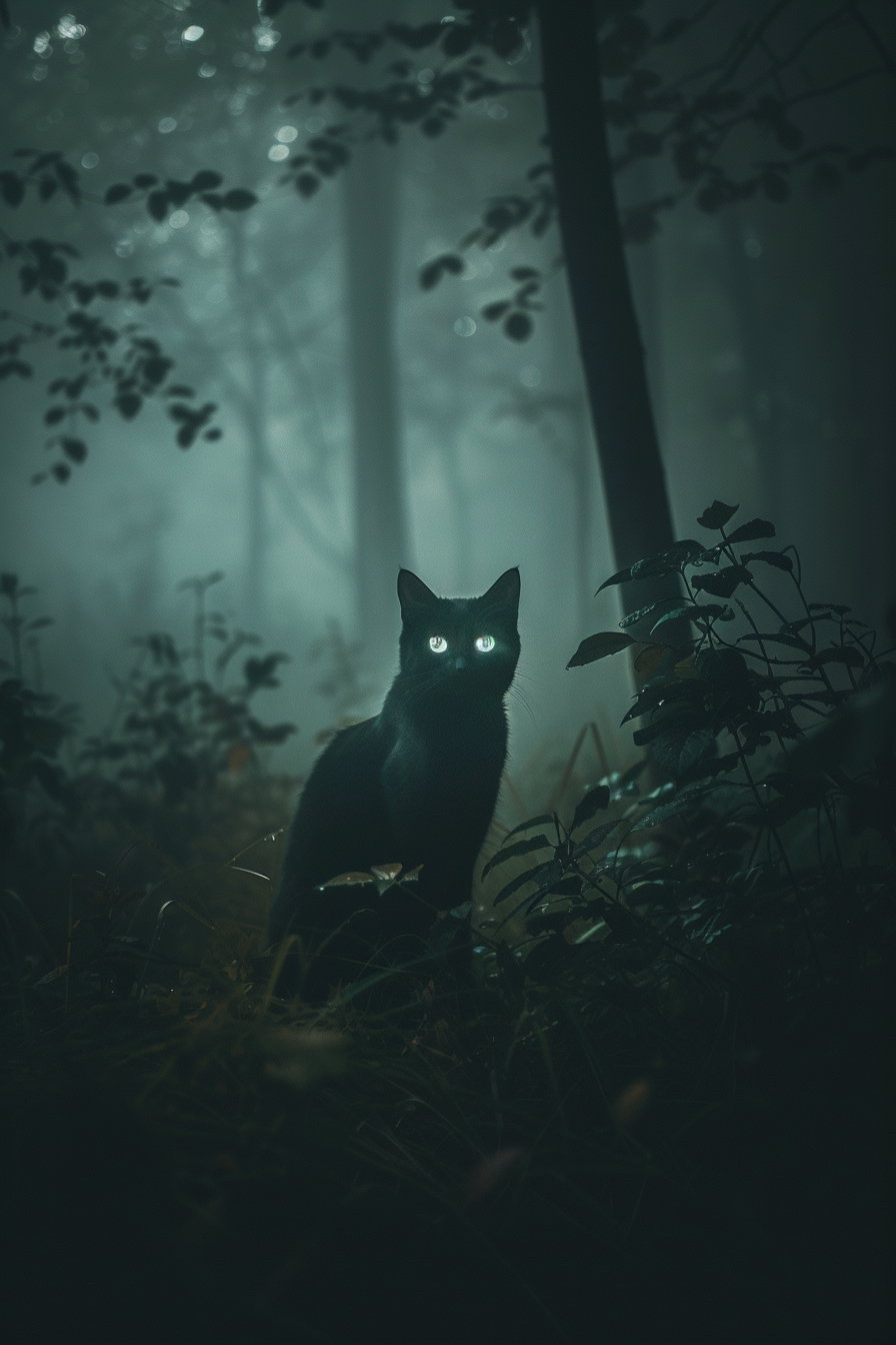 Black cat with glowing eyes in foggy night forest