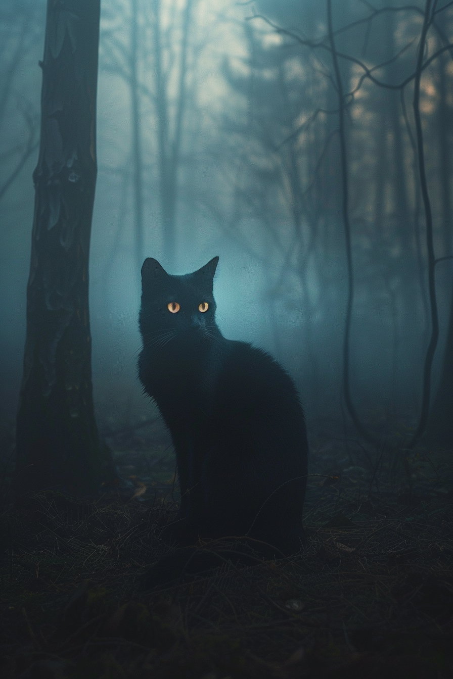 Black cat with glowing eyes in foggy night forest