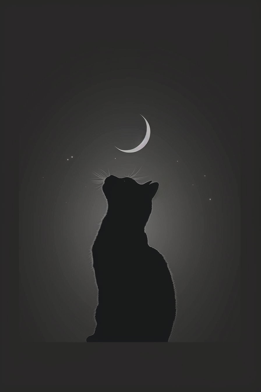 Minimalist black cat with crescent moon in dark aesthetic