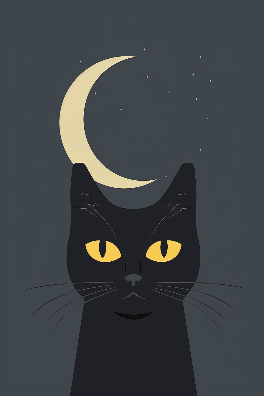 Minimalist black cat with crescent moon in dark aesthetic