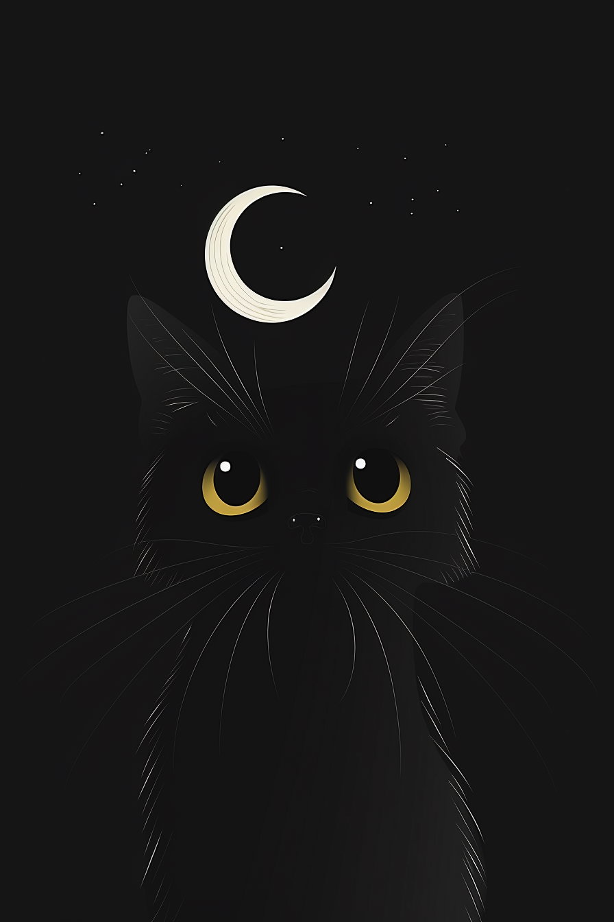 Minimalist black cat with crescent moon in dark aesthetic