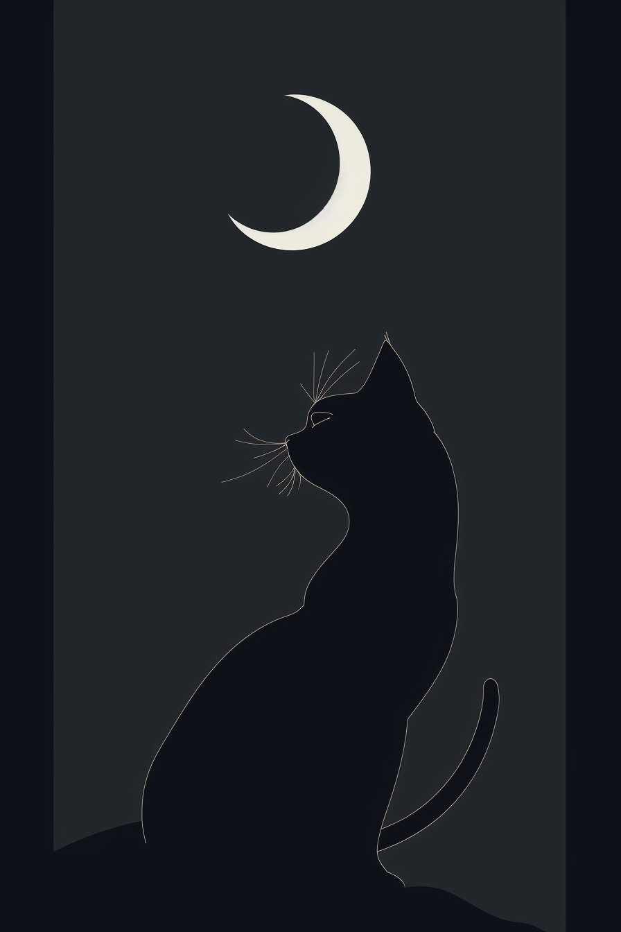 Minimalist black cat with crescent moon in dark aesthetic